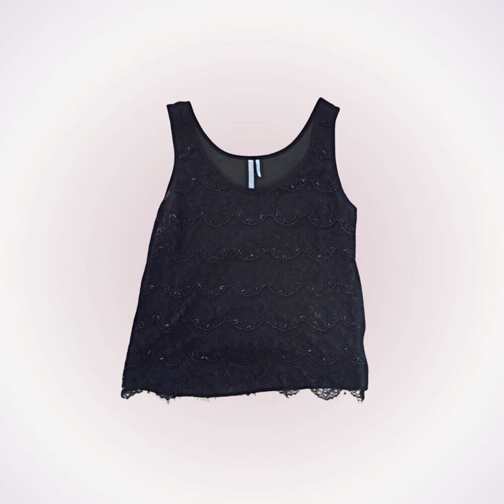 Moonlight Black Beaded Tank Top with Scalloped Hem | Sz S